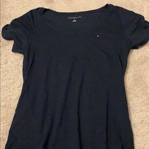 navy blue open shoulder shirt